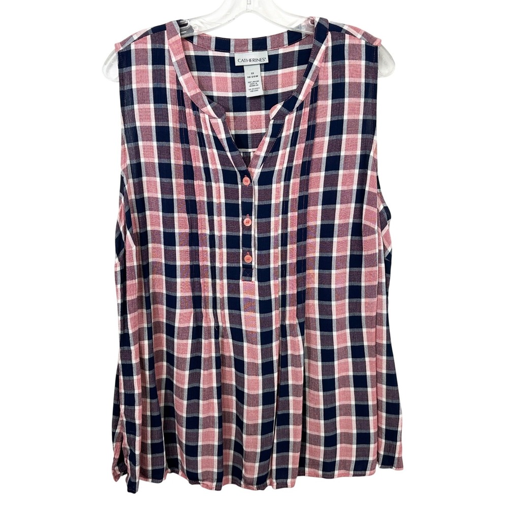 Catherines Plus Size 18/20W Top 1X Plaid Sleeveless Navy Blue Pink Picnic 933